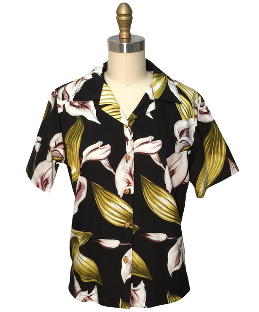 Ladies Calla Lily Black Camp Hawaiian Shirt