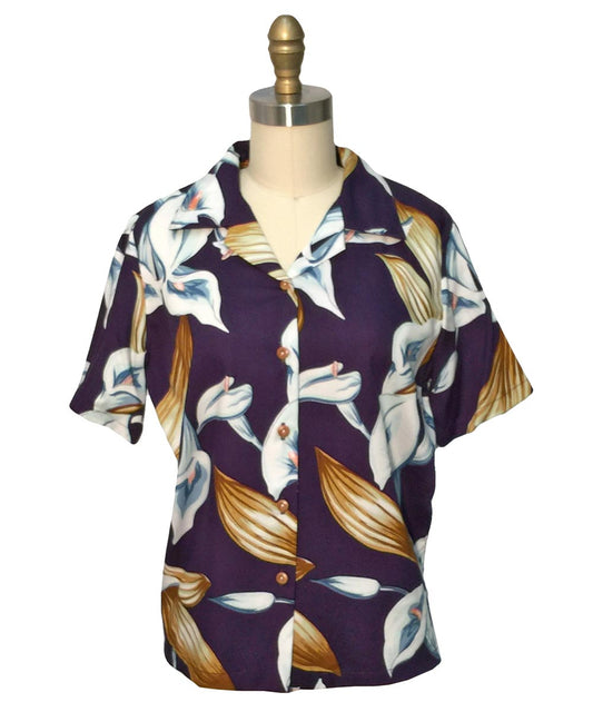 Ladies Calla Lily Purple Camp Hawaiian Shirt