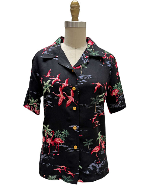 Ladies Fine Flamingos Black Camp Hawaiian Shirt
