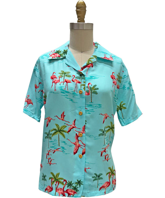 Ladies Fine Flamingos Lagoon Camp Hawaiian Shirt