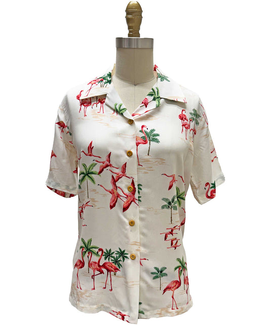 Ladies Fine Flamingos Sand Camp Hawaiian Shirt