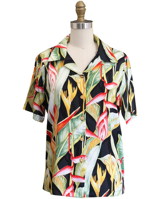 Ladies Heliconia Black Camp Hawaiian Shirt