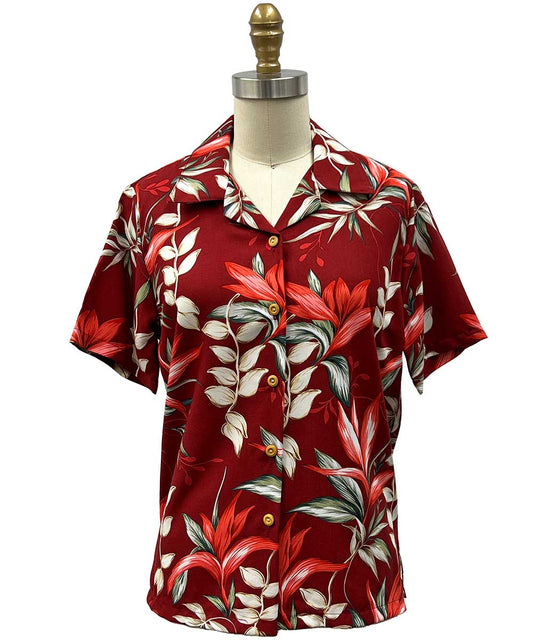 Ladies Heliconia Paradise Red Camp Hawaiian Shirt
