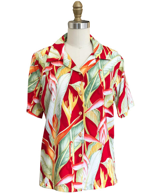 Ladies Heliconia Red Camp Hawaiian Shirt