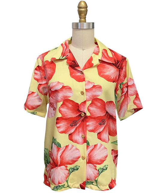Ladies Hibiscus Blossom Yellow Camp Hawaiian Shirt
