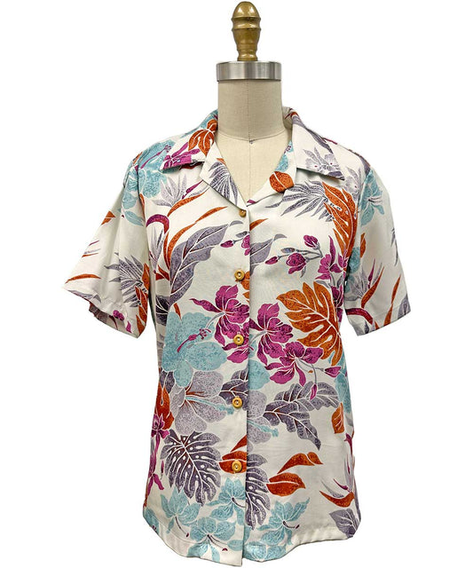 Ladies Hilo White Camp Hawaiian Shirt