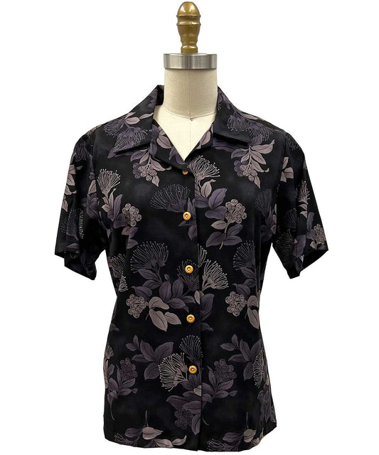Ladies Ohia Black Camp Hawaiian Shirt