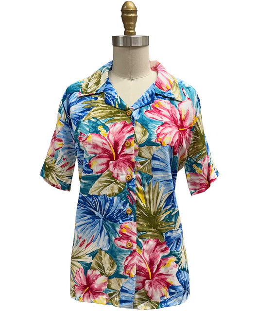 Ladies Painted Hibiscus Jade Camp Hawaiian Shirt