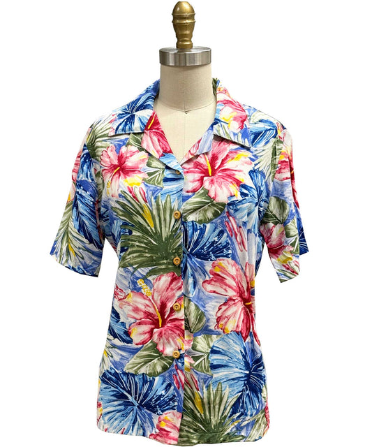 Ladies Painted Hibiscus Blue Camp Hawaiian Shirt
