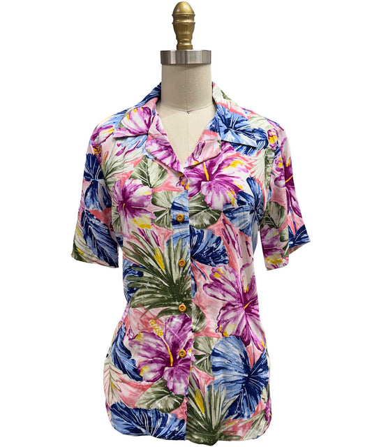 Ladies Painted Hibiscus Coral Camp Hawaiian Shirt