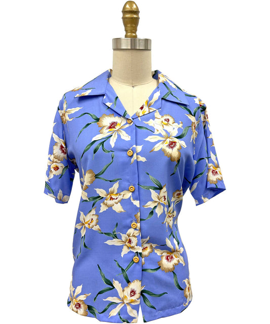Ladies Star Orchid Periwinkle Camp Hawaiian Shirt