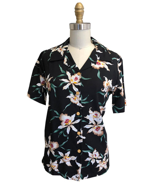 Ladies Star Orchid Hawaiian Shirt Hawaiian Shirt - Black