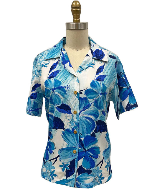 Ladies Watercolor Hibiscus Blue Camp Hawaiian Shirt