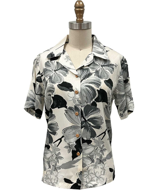 Ladies Watercolor Hibiscus Gray Camp Hawaiian Shirt