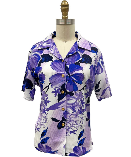 Ladies Watercolor Hibiscus Purple Camp Hawaiian Shirt