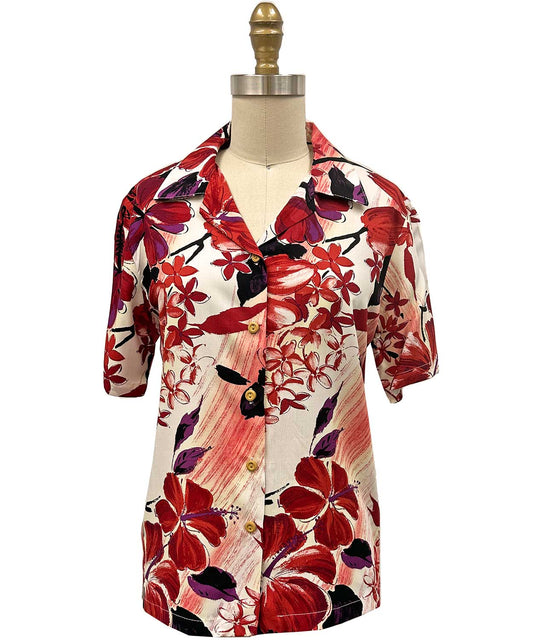 Ladies Watercolor Hibiscus Red Camp Hawaiian Shirt