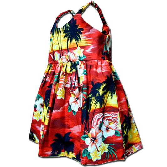 Diamond Head Sunset Red Girl's Bungee Dress Hawaiian Shirt