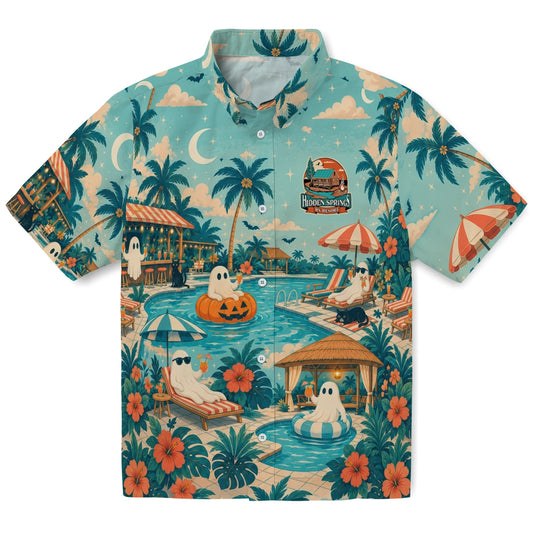 Playful Light Aqua Poolside Panorama Custom Hawaiian Shirt front view with poolside ghosts, jack-o'-lanterns, palm trees and resort scenes