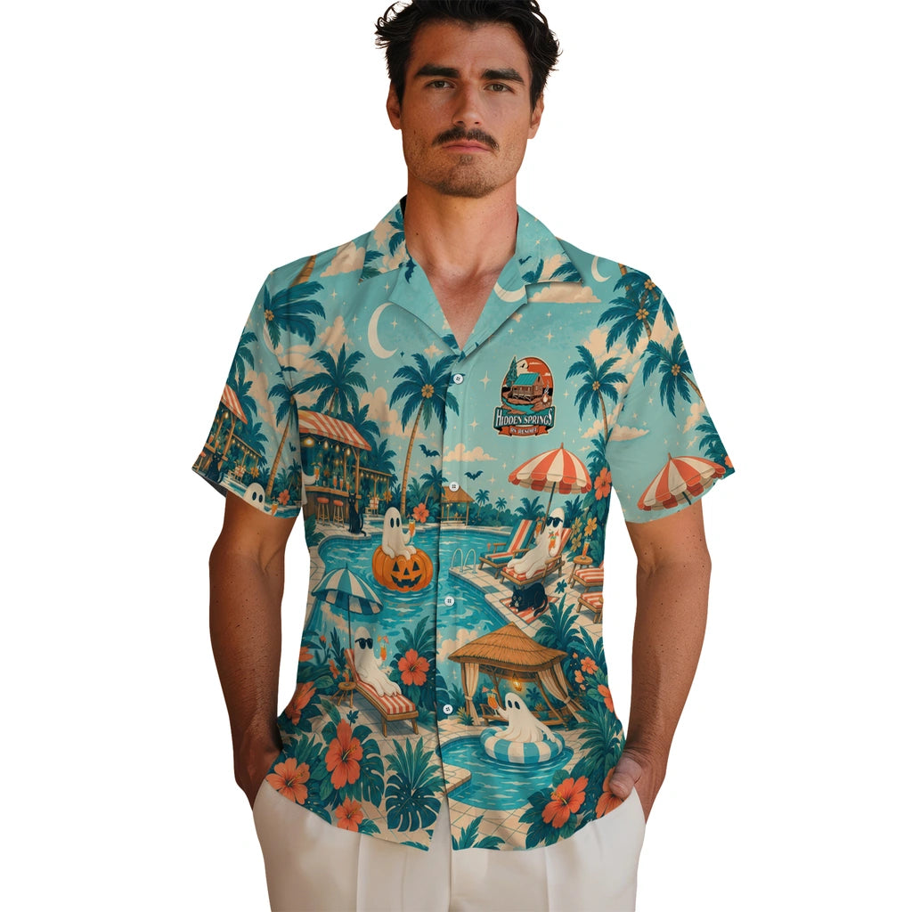 Men's model wearing Playful Light Aqua Poolside Panorama Custom Hawaiian Shirt in Light Aqua