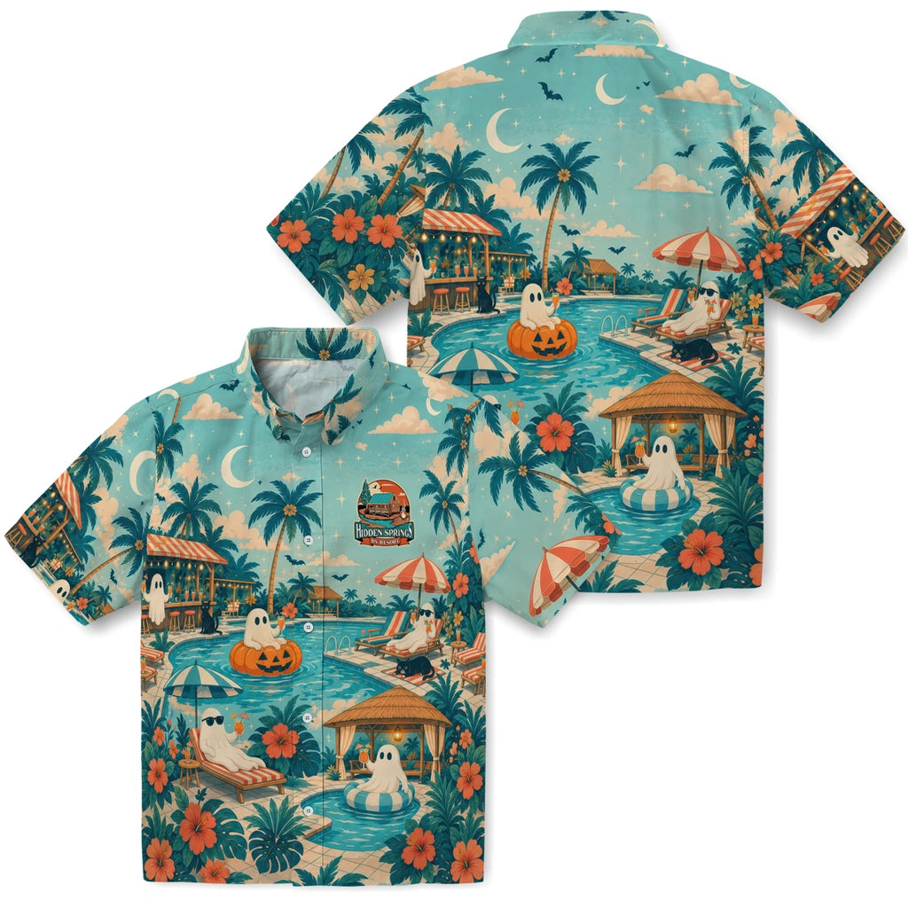 Front and back views of Playful Light Aqua Poolside Panorama Custom Hawaiian Shirt showing the all-over print