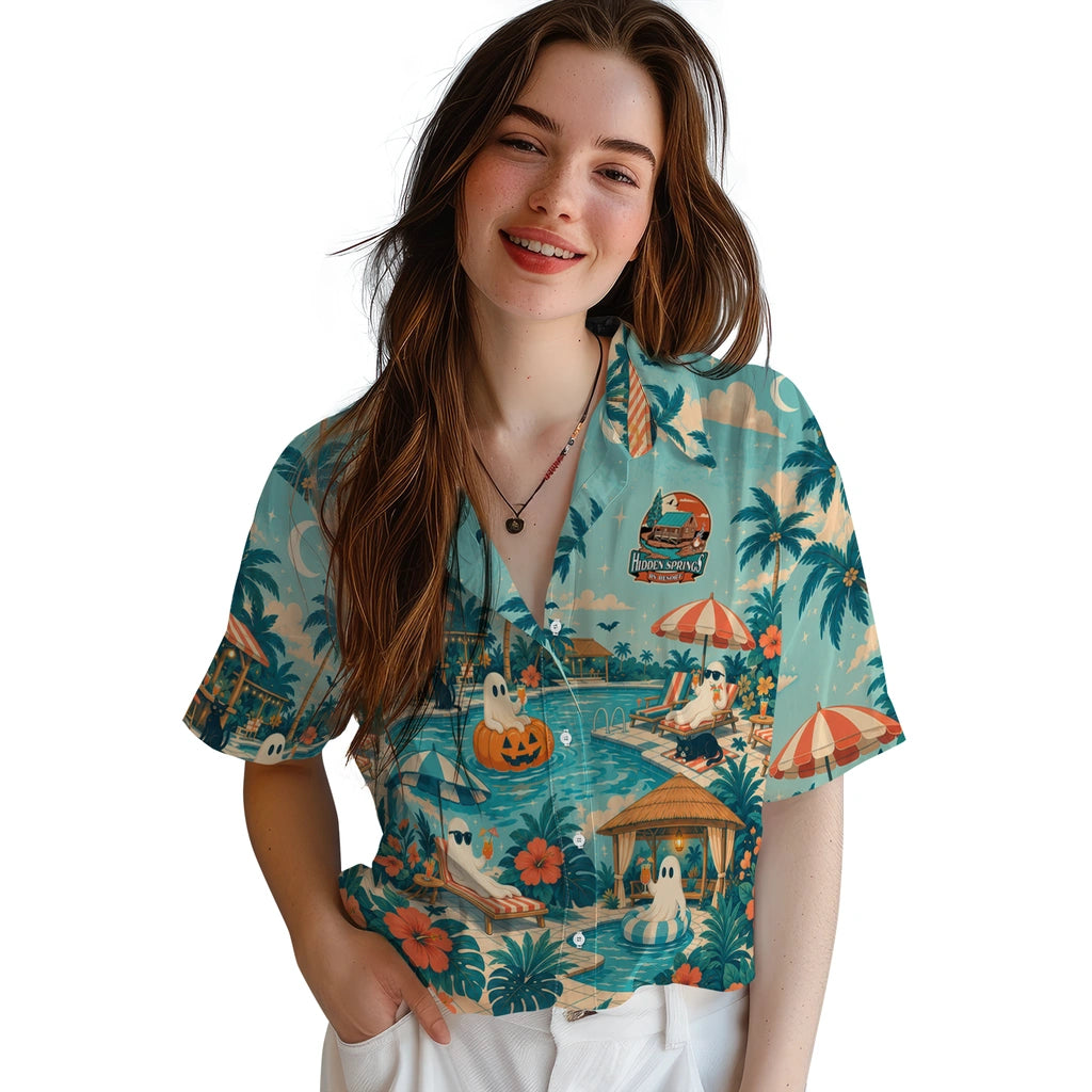 Women's model wearing Playful Light Aqua Poolside Panorama Custom Hawaiian Shirt in Light Aqua