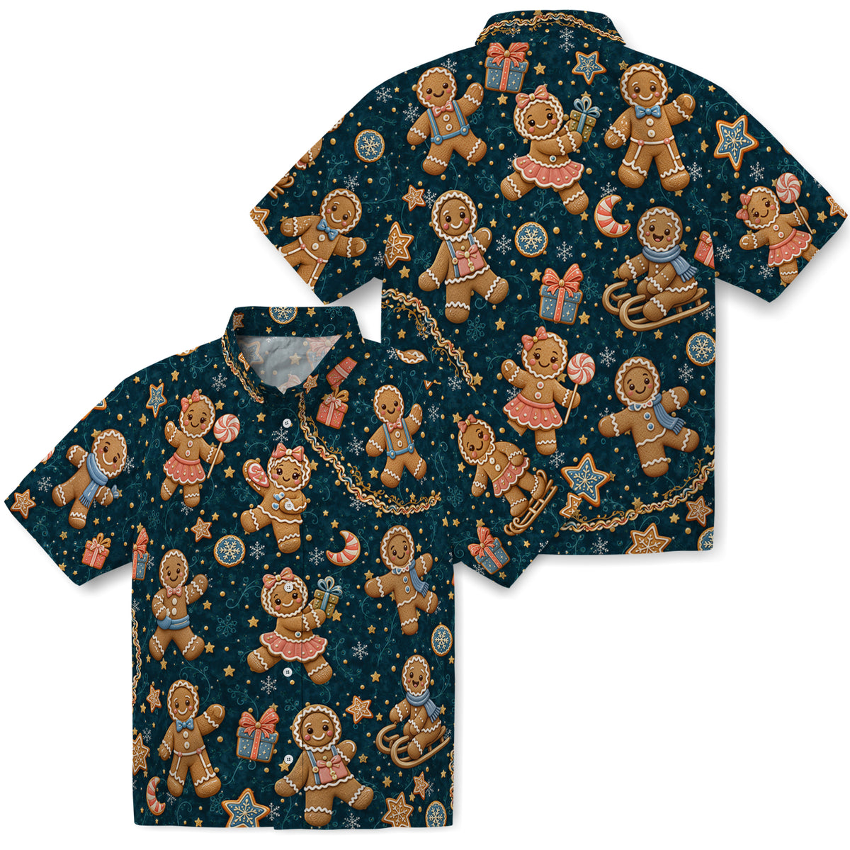 Front and back view of Deep Teal Gingerbread Christmas Hawaiian Shirt without personalized faces