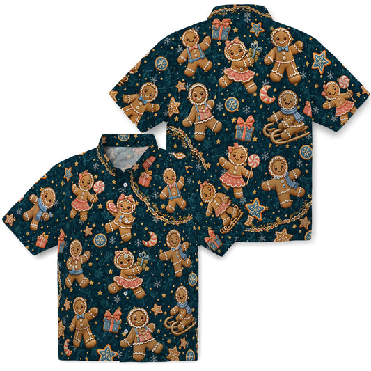 Front and back view of Deep Teal Gingerbread Christmas Hawaiian Shirt without personalized faces