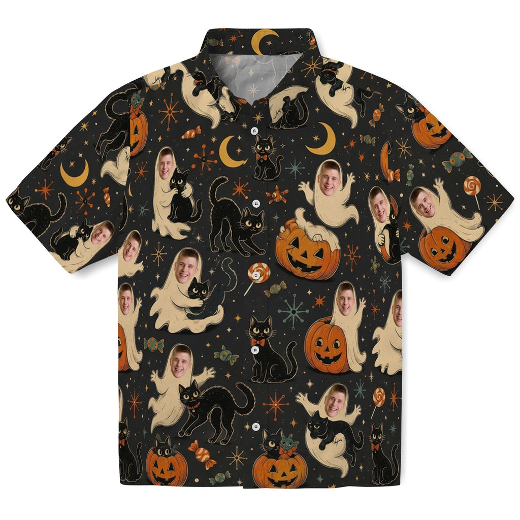 Retro Black Starburst Toss Custom Hawaiian Shirt front view with friendly ghosts, black cats, pumpkins, crescent moons and starburst accents