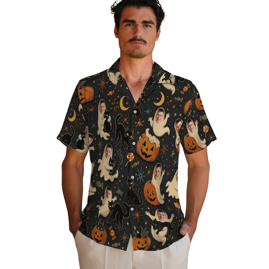 Men's model wearing Retro Black Starburst Toss Custom Hawaiian Shirt in Black