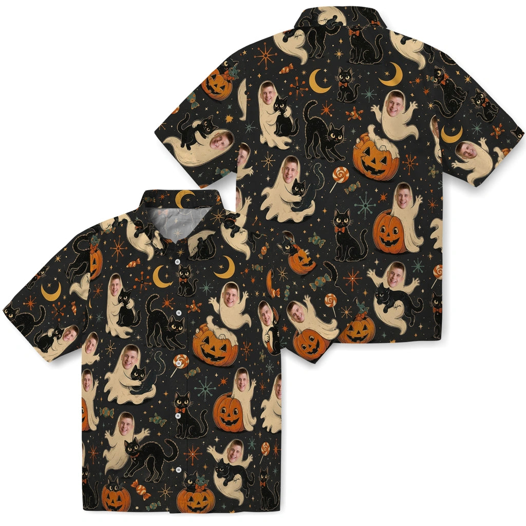 Front and back views of Retro Black Starburst Toss Custom Hawaiian Shirt showing the all-over print