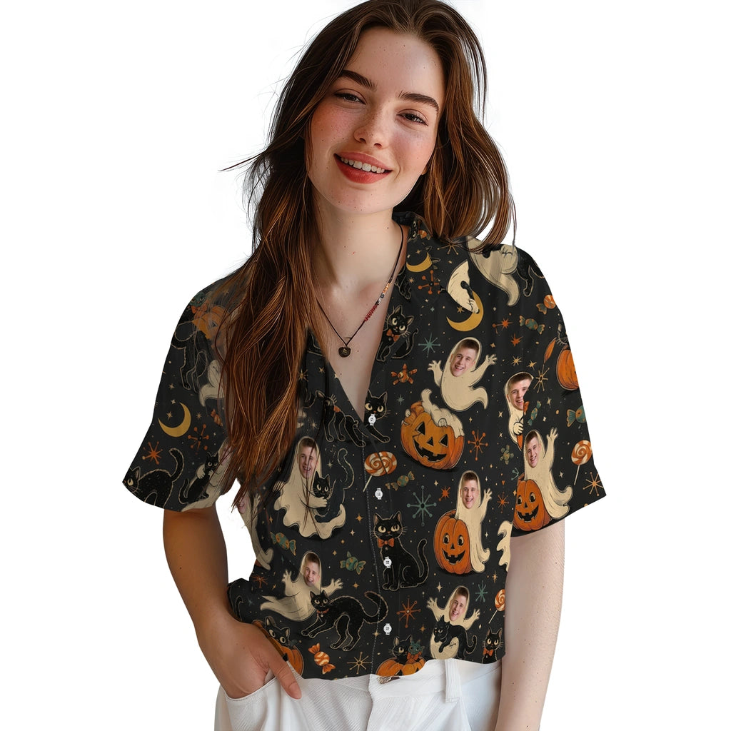 Women's model wearing Retro Black Starburst Toss Custom Hawaiian Shirt in Black