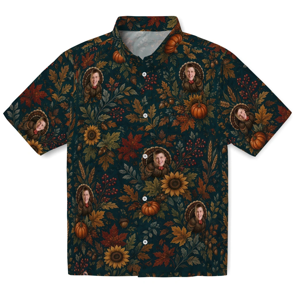 Rustic Deep Teal Harvest Turkey Custom Hawaiian Shirt front view featuring turkeys, sunflowers, harvest foliage