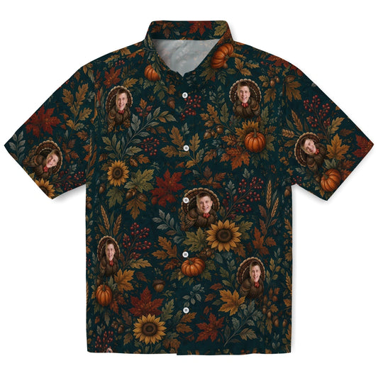 Rustic Deep Teal Harvest Turkey Custom Hawaiian Shirt front view featuring turkeys, sunflowers, harvest foliage