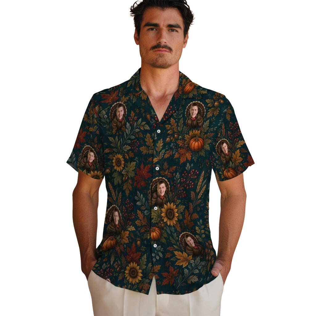 Men's model wearing Rustic Deep Teal Harvest Turkey Custom Hawaiian Shirt in Deep Teal