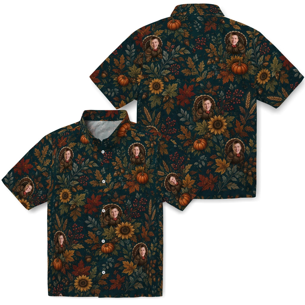 Front and back views of Rustic Deep Teal Harvest Turkey Custom Hawaiian Shirt showing the all-over print