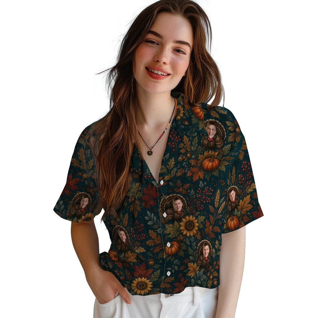 Women's model wearing Rustic Deep Teal Harvest Turkey Custom Hawaiian Shirt in Deep Teal