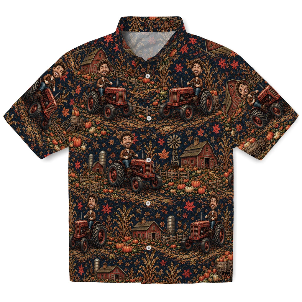 Rustic Midnight Navy Pumpkin Farm Custom Hawaiian Shirt front view featuring red tractors, barns, pumpkin farms