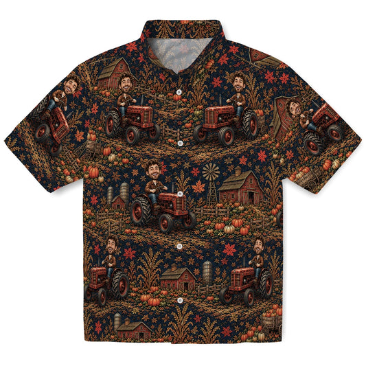 Rustic Midnight Navy Pumpkin Farm Custom Hawaiian Shirt front view featuring red tractors, barns, pumpkin farms