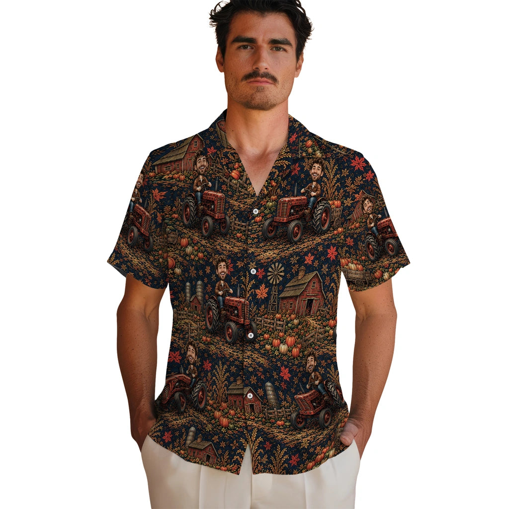 Men's model wearing Rustic Midnight Navy Pumpkin Farm Custom Hawaiian Shirt in Midnight Navy
