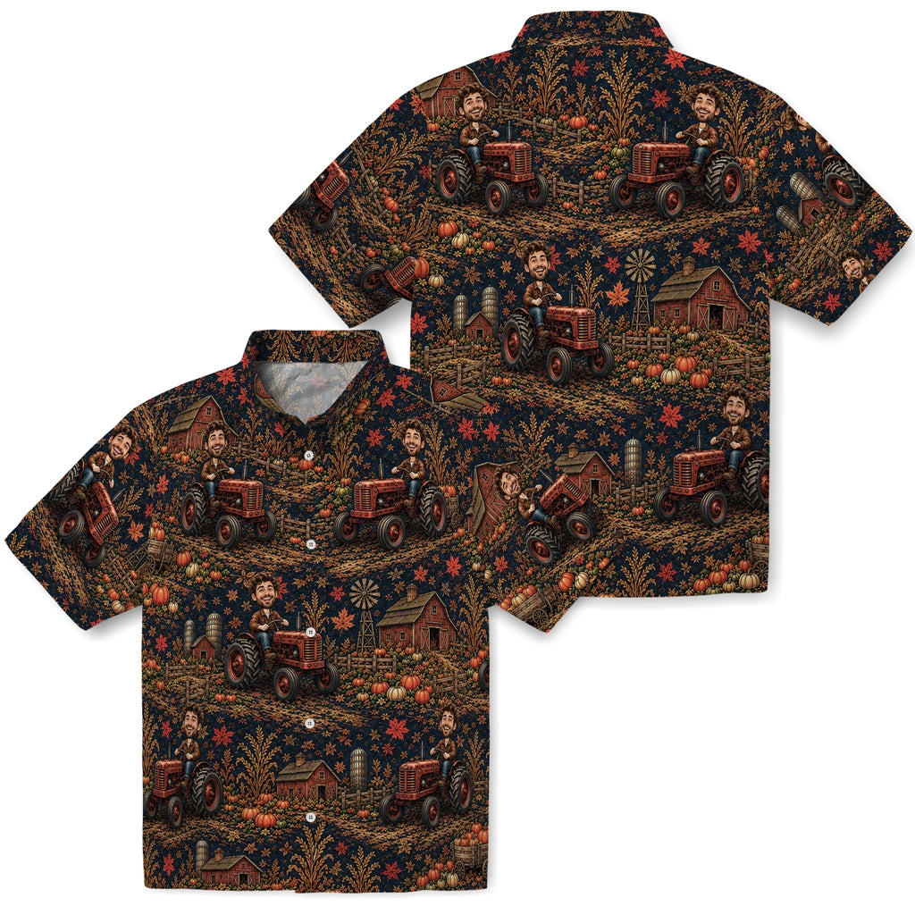 Front and back views of Rustic Midnight Navy Pumpkin Farm Custom Hawaiian Shirt showing the all-over print