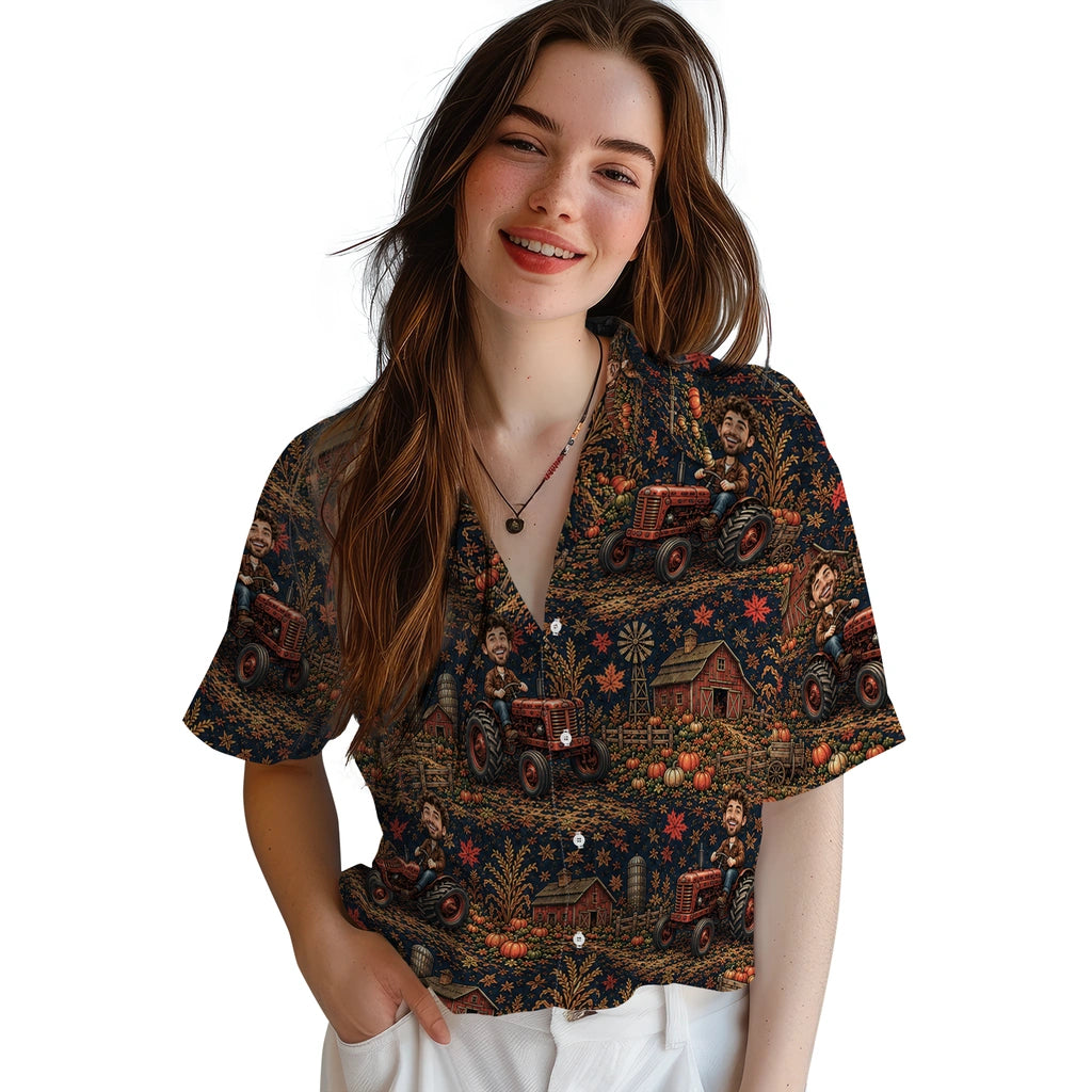 Women's model wearing Rustic Midnight Navy Pumpkin Farm Custom Hawaiian Shirt in Midnight Navy
