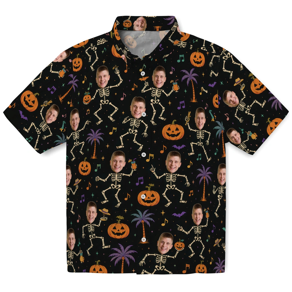 Spooky Black Dancing Skeletons Custom Hawaiian Shirt front view with dancing skeletons, jack-o'-lanterns, palm trees and photo face placements