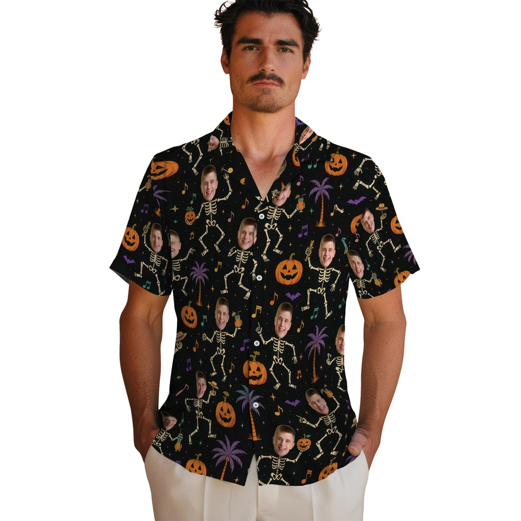 Men's model wearing Spooky Black Dancing Skeletons Custom Hawaiian Shirt in Black