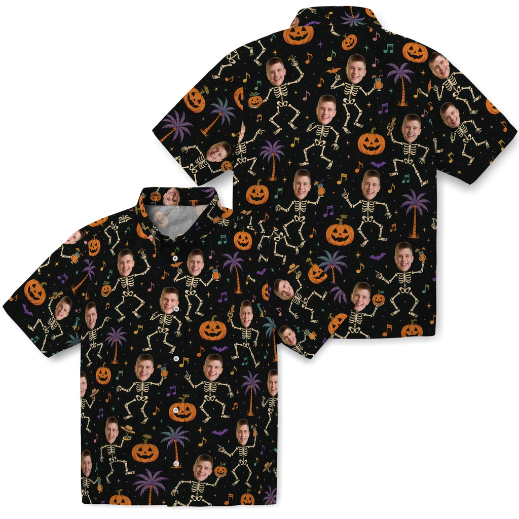 Front and back views of Spooky Black Dancing Skeletons Custom Hawaiian Shirt showing the all-over print