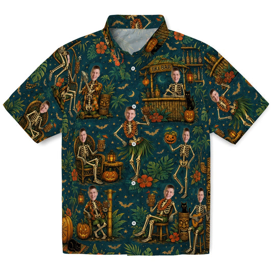 Spooky Deep Teal Tiki Lounge Custom Hawaiian Shirt front view with skeletons in tiki lounge scenes, tropical leaves and jack-o'-lanterns