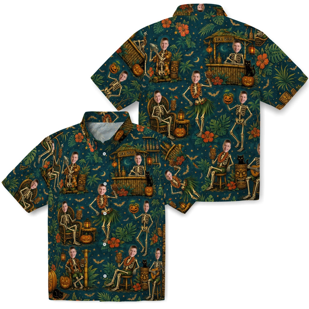 Front and back views of Spooky Deep Teal Tiki Lounge Custom Hawaiian Shirt showing the all-over print