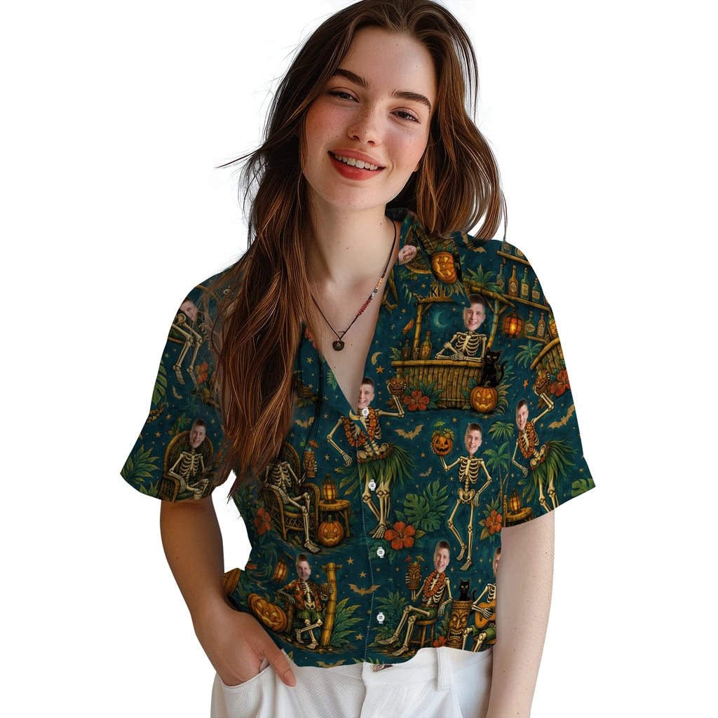 Women's model wearing Spooky Deep Teal Tiki Lounge Custom Hawaiian Shirt in Deep Teal
