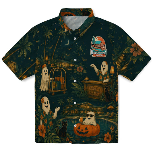 Spooky Midnight Teal Moonlit Resort Custom Hawaiian Shirt front view with friendly ghosts, pumpkins, tropical cottages and crescent moons