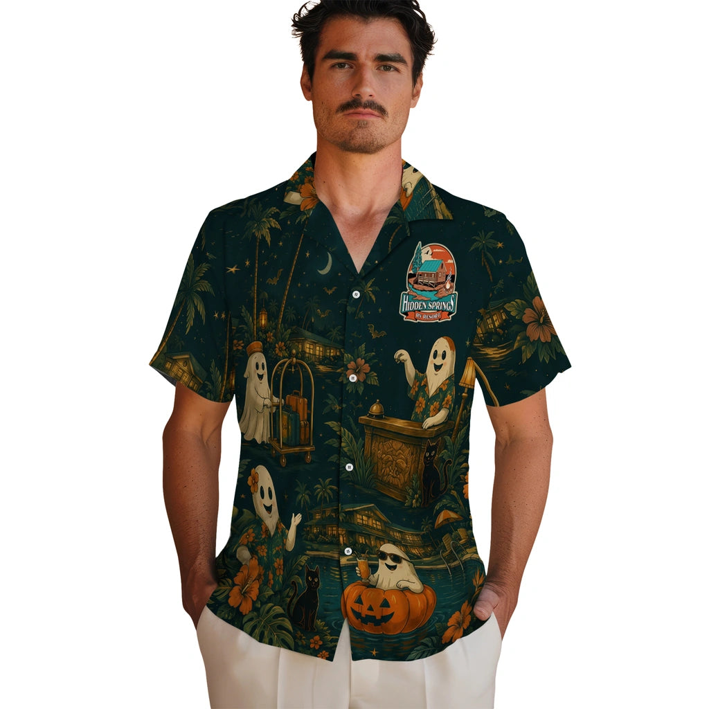 Men's model wearing Spooky Midnight Teal Moonlit Resort Custom Hawaiian Shirt in Midnight Teal