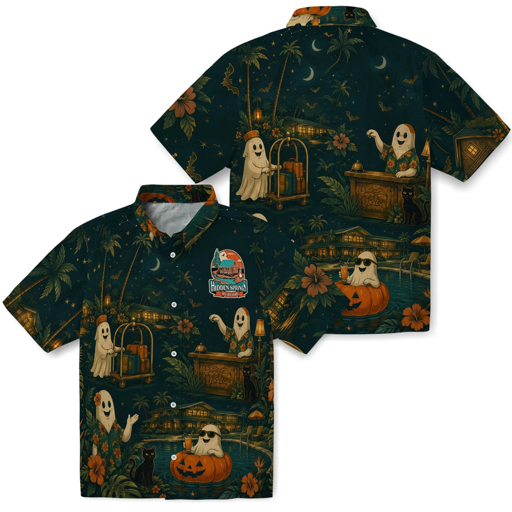 Front and back views of Spooky Midnight Teal Moonlit Resort Custom Hawaiian Shirt showing the all-over print